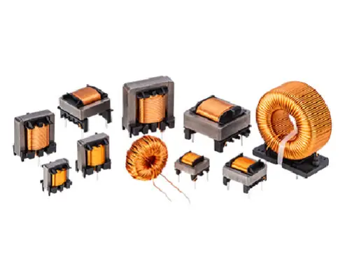 Conjunto de componentes electrónicos: transistor, inductor